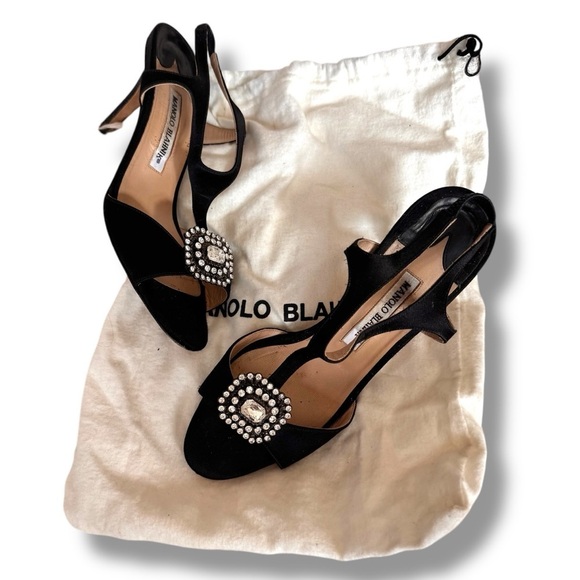 Manolo Blahnik Black Satin and Crystal Embellished Heels T-strap slingback pumps - Picture 1 of 15